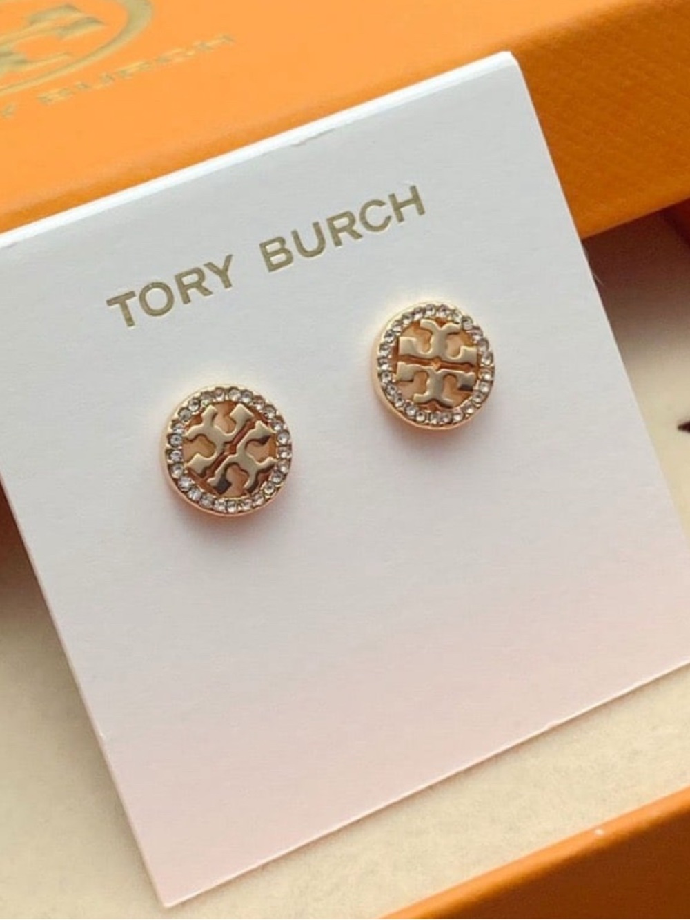 Tory Burch Rose Gold-Tone Logo Crystal Circle Stud Earrings